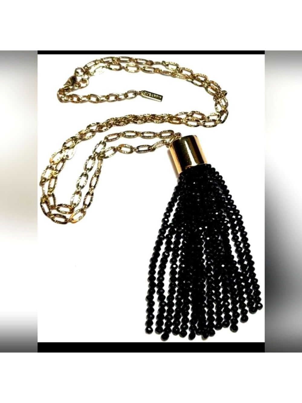 Vtg Jewelry Necklace Gold Tone Chain SIGNED SUGARFIX Black Bead Tassel 29"-31"